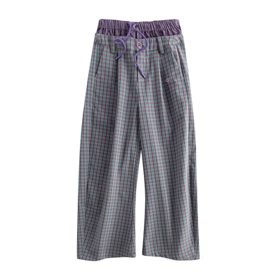 riverstone plus  假两件腰头系绳格纹休闲裤女春百搭阔腿直通裤