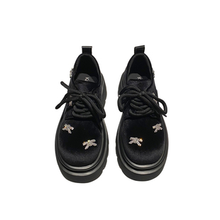 网红ins~水钻金丝绒厚底牛津鞋女2024秋新款系带单鞋深口圆头女鞋