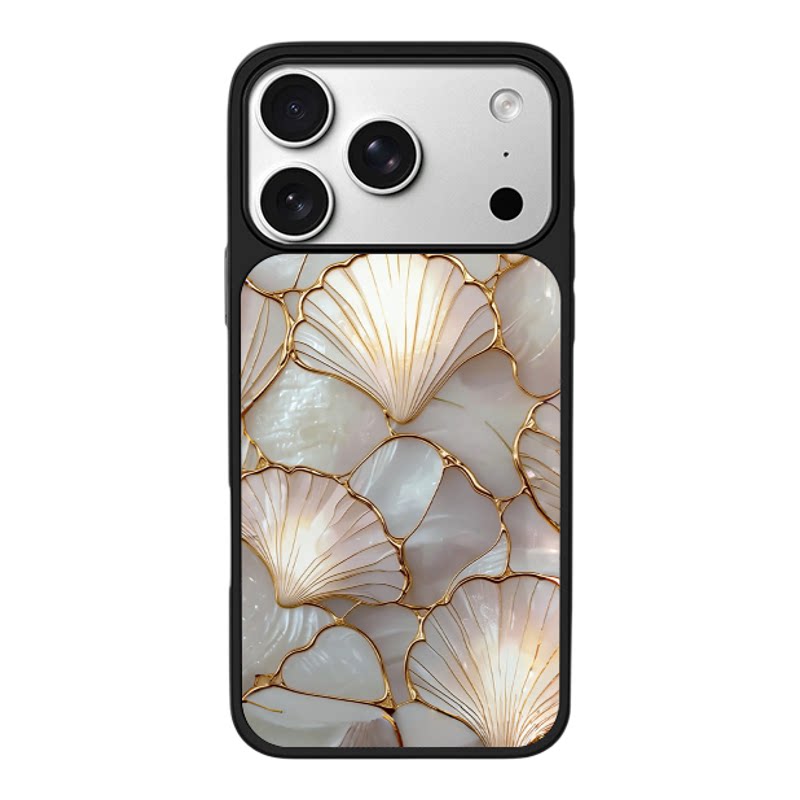 珠光贝母金边银杏叶大理石纹理适用苹果17promax新款手机壳iPhone air/16pro/15plus14玻璃13pro手机套冰感