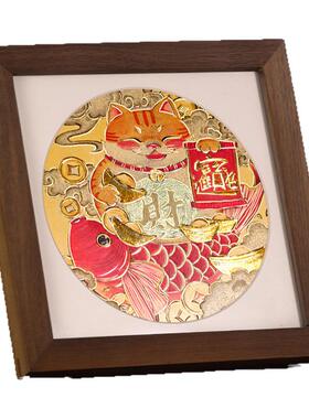 礼师傅《招财猫》铜雕画非遗摆件