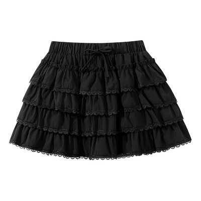 VIVICATHY2025秋黑色灯芯绒蛋糕裙女蕾丝花边小个子蓬蓬裙半身裙