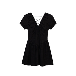 荒荒家 绑带连衣裙2025夏季新款高级简约风V领正肩chic公主裙女潮