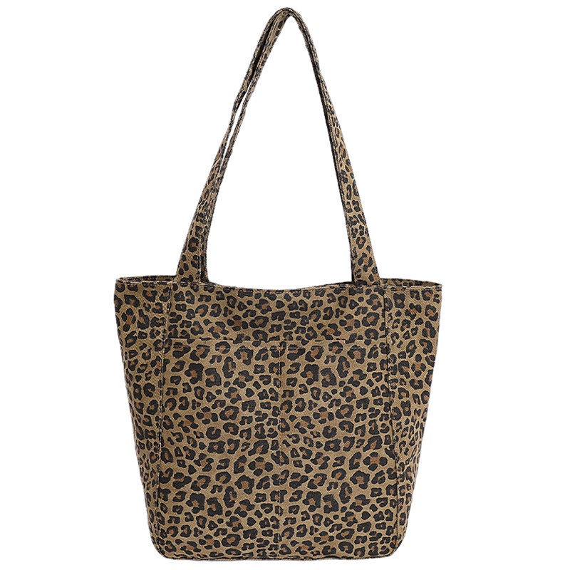 新款小众设计豹纹帆布包女大容量两面背单肩包简约休闲上班通勤包