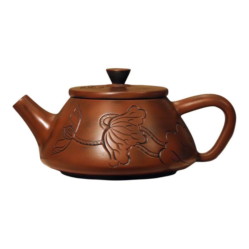 建水紫陶手工雕刻荷花茶壶