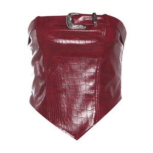 怪诞女孩 辣妹风复古鳄鱼纹PU皮抹胸上衣腰带设计感修身短裤套装