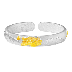 莲花银手镯女9999纯妈妈款古法描金银镯子本命年女士礼物老人生日