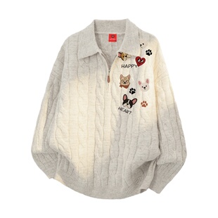 查尔斯桃心美式半拉链翻领毛衣男冬季小狗印花麻花条纹情侣针织衫