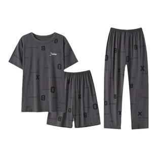 莫代尔棉睡衣男士夏季短袖长裤薄款夏天休闲加大码家居服三件套装
