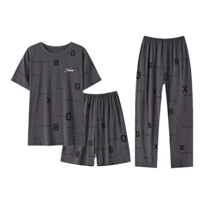 莫代尔棉睡衣男士夏季短袖长裤薄款夏天休闲加大码家居服三件套装