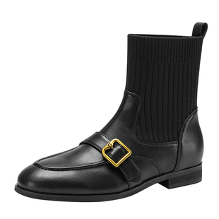 达芙妮短靴黑色袜靴子女款2026新款平底瘦瘦靴切尔西内增高马丁靴