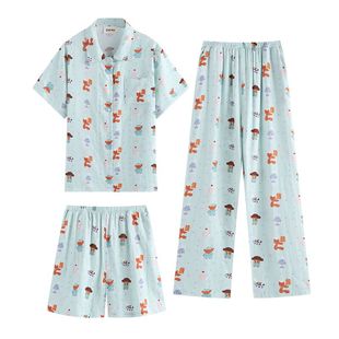 侘町2025新款松鼠小熊纯棉短袖三件套睡衣女夏天季纯棉家居服夏款