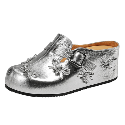妙丽银色蝴蝶结包头平底穆勒鞋