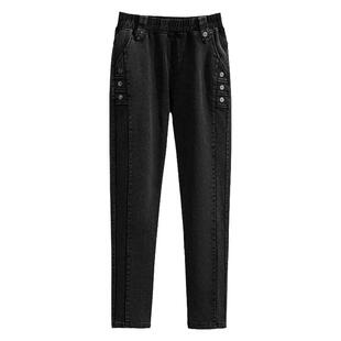 300斤特大码弹力小脚加绒牛仔裤女秋冬季200胖mm高腰加肥显瘦靴裤