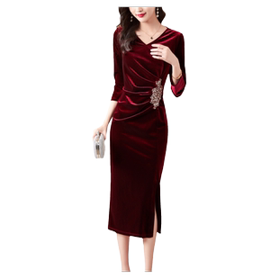 酒红色金丝绒连衣裙女2025春秋新款高档V领喜婆婆婚宴装礼服长款