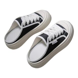 爆款厚底包头半拖鞋女外穿2025夏季新款小白鞋帆布鞋凉拖鞋ins潮