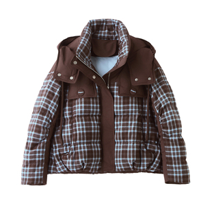 格子拼接羽绒服女短款2025冬季新款小个子连帽加厚保暖巨好看外套