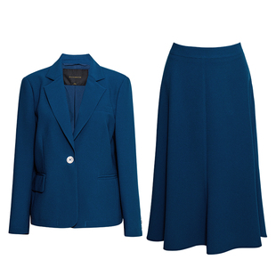 罗衣知性职业蓝色西装套装女春装正式场合外套半身裙两件套11753