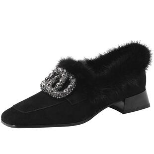 法式复古水钻方扣低跟毛毛鞋加绒通勤方头乐福鞋真皮女鞋深口单鞋