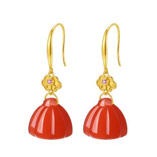 好运莲莲南红耳饰女18k金保山柿子红满色祥云耳环新中式精雕耳坠