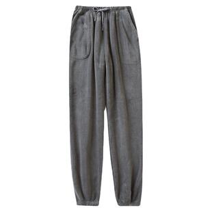 冬季睡裤男加厚保暖法兰绒休闲纯色珊瑚绒收口束脚家居裤长裤冬天