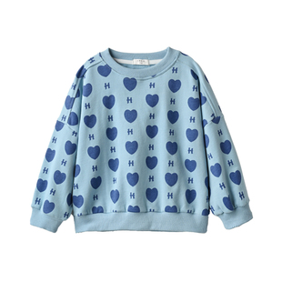 儿童满印爱心圆领毛圈卫衣 女童中大童拼接落肩袖打底衫上衣 春款