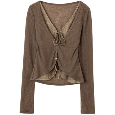 韩雨嘉新中式V领长袖针织衫女夏季复古高级感修身显瘦假两件上衣