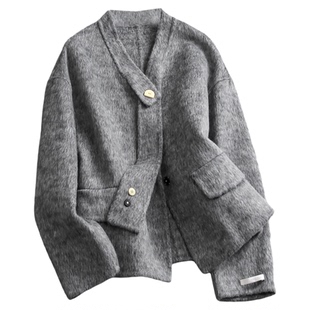 简约纯色双面呢羊绒大衣V领飘带洋气减龄长袖百搭女毛呢外套M072