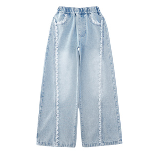 女童加绒裤子秋冬外穿2025新款女孩洋气花边窄版阔腿儿童牛仔裤冬