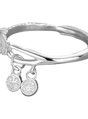 晚舟足银999平安圆牌梅花戒指