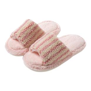 日系家居毛毛拖鞋女条纹撞色棉拖ins一字拖居家室内毛绒拖鞋露趾
