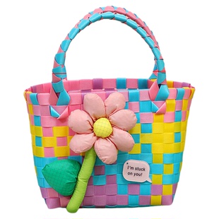彩色儿童手提篮子女包文艺手工编织袋包包花朵可爱夏日海边沙滩