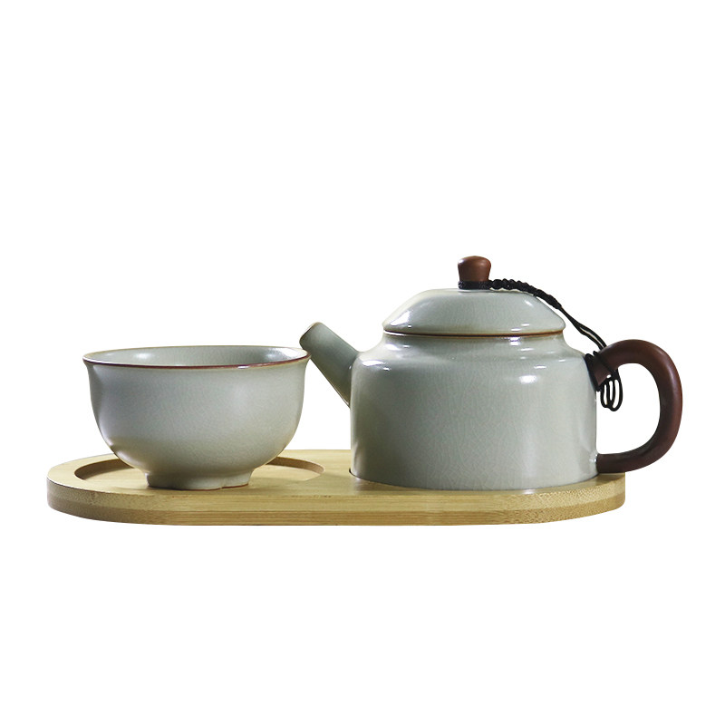 米黄汝窑一壶一杯德钟壶办公室休闲小套装送盘摸鱼一人饮功夫茶具