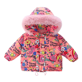 女童棉衣冬装洋气加厚大毛领儿童羽绒棉服冬季保暖中长款宝宝棉袄