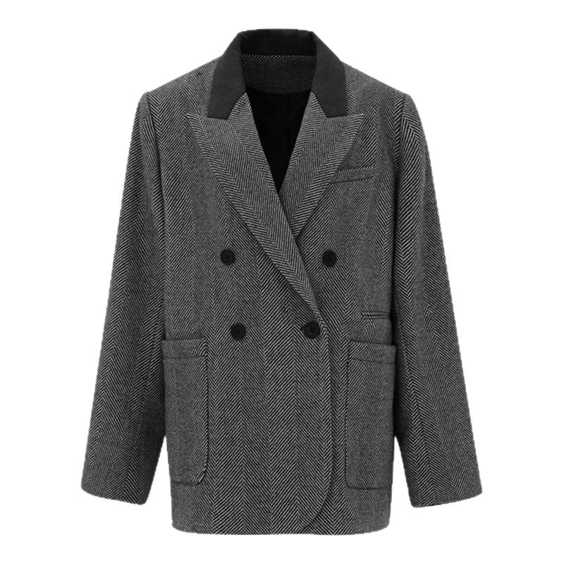 ourhour 拼接皮领 灰色双排扣人字纹宽松毛呢西装 女冬设计感外套