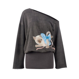 LSOUL 2025秋冬新款度假风猫咪印花露肩长袖气质高级卫衣连衣裙女