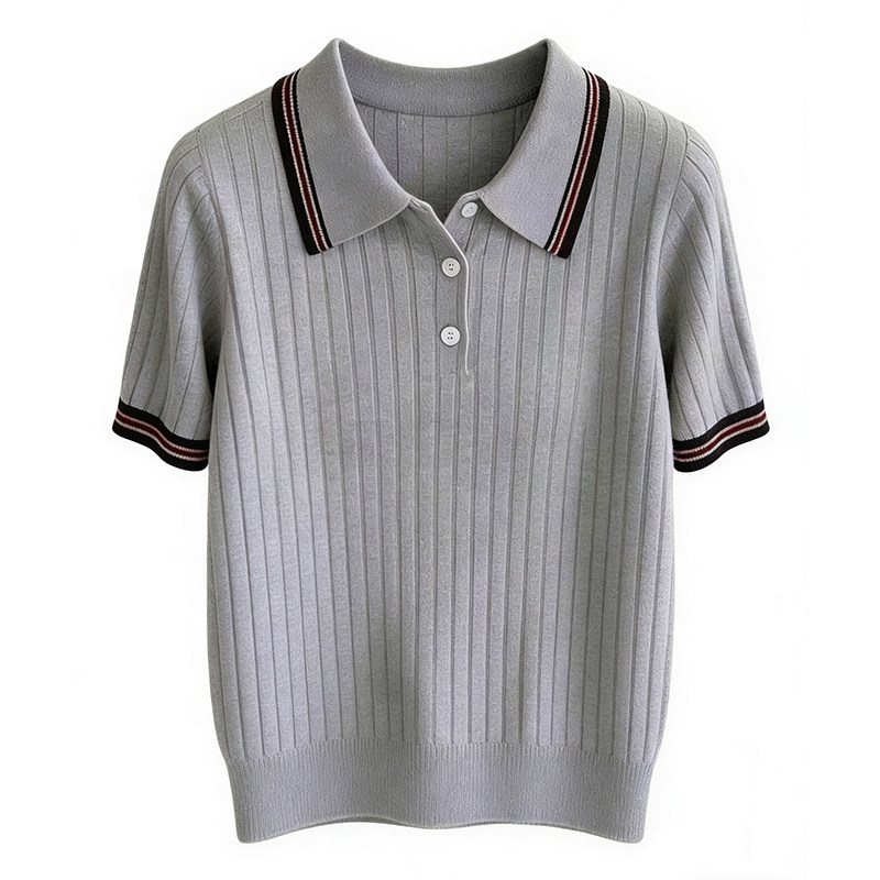 夏季灰色POLO领短袖显瘦针织衫女