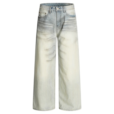 HY711奶油擦脏直筒baggy牛仔裤