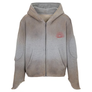 COZYDOLL水洗做旧喷色破坏太阳刺绣宽松马蹄袖连帽休闲垫肩卫衣