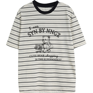 诺诺公主S1N初中生2026夏季条纹卡通短袖T恤女青少年宽松显瘦上衣