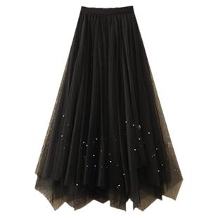 钉珠纱裙半身裙女春夏新款高腰a字大摆蓬蓬裙中长款不规则网纱裙