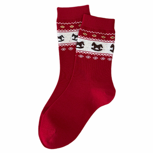 不会丢的袜子 新年红色中筒袜女纯棉2026马年本命年卡通可爱长袜