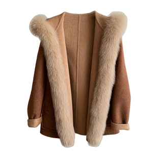 卡哇伊软萌小熊！狐狸毛领双面呢羊毛大衣皮草宽松连帽毛呢外套女