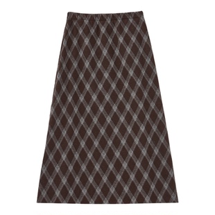 芭依璐2025冬季新款半身裙格包臀裙加厚高腰复古百搭A字裙一步裙