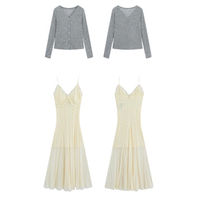 V领蕾丝吊带连衣裙开衫两件套