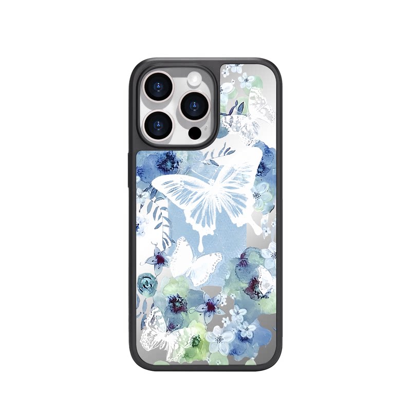 benefit蓝色水墨花朵蝴蝶17适用于iphone16promax苹果15PRO镜面磁吸手机壳13新款14小米15PRO防摔三星S25