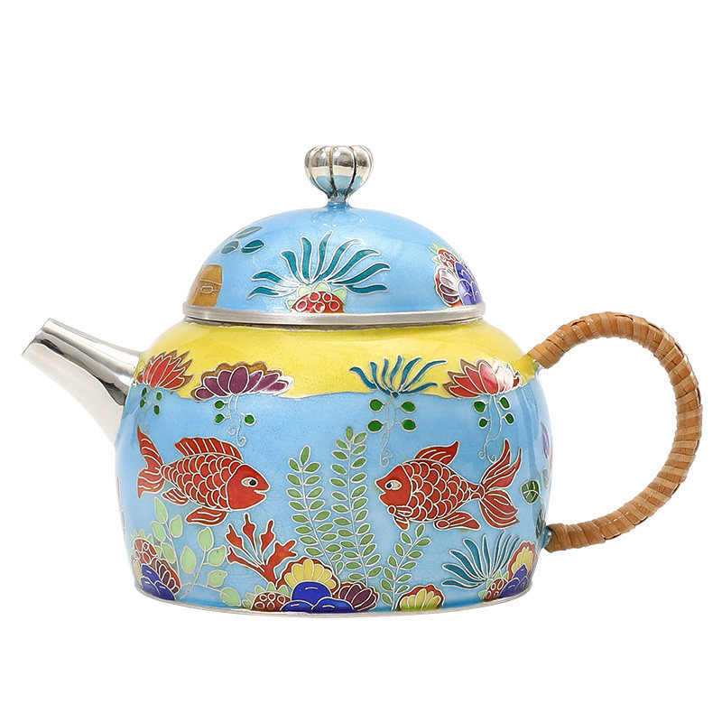银壶纯银999泡茶壶纯手工景泰蓝七宝烧掐丝茶器茶具复古 鱼水情深