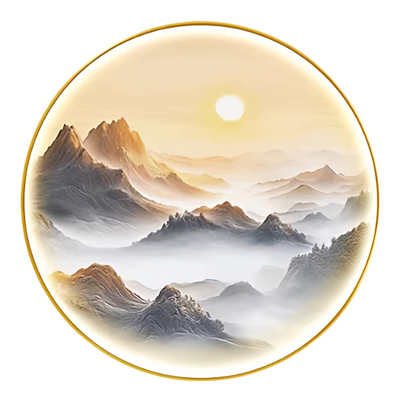 中古风圆形入户玄关装饰画山水壁现代装饰画