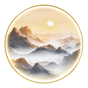 中式圆形入户玄关装饰画山水意境灯画走道背景墙画茶室办公室挂画