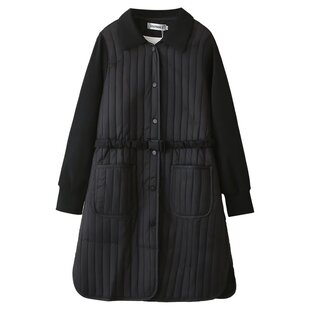 大码冬季韩版胖mm翻领压条纹棉服中长款收腰保暖黑色棉袄宽松外套