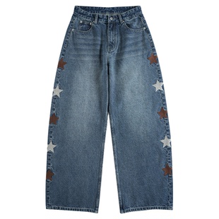美式复古侧边星星刺绣直筒弯刀牛仔裤子男baggy廓形垂感阔腿长裤